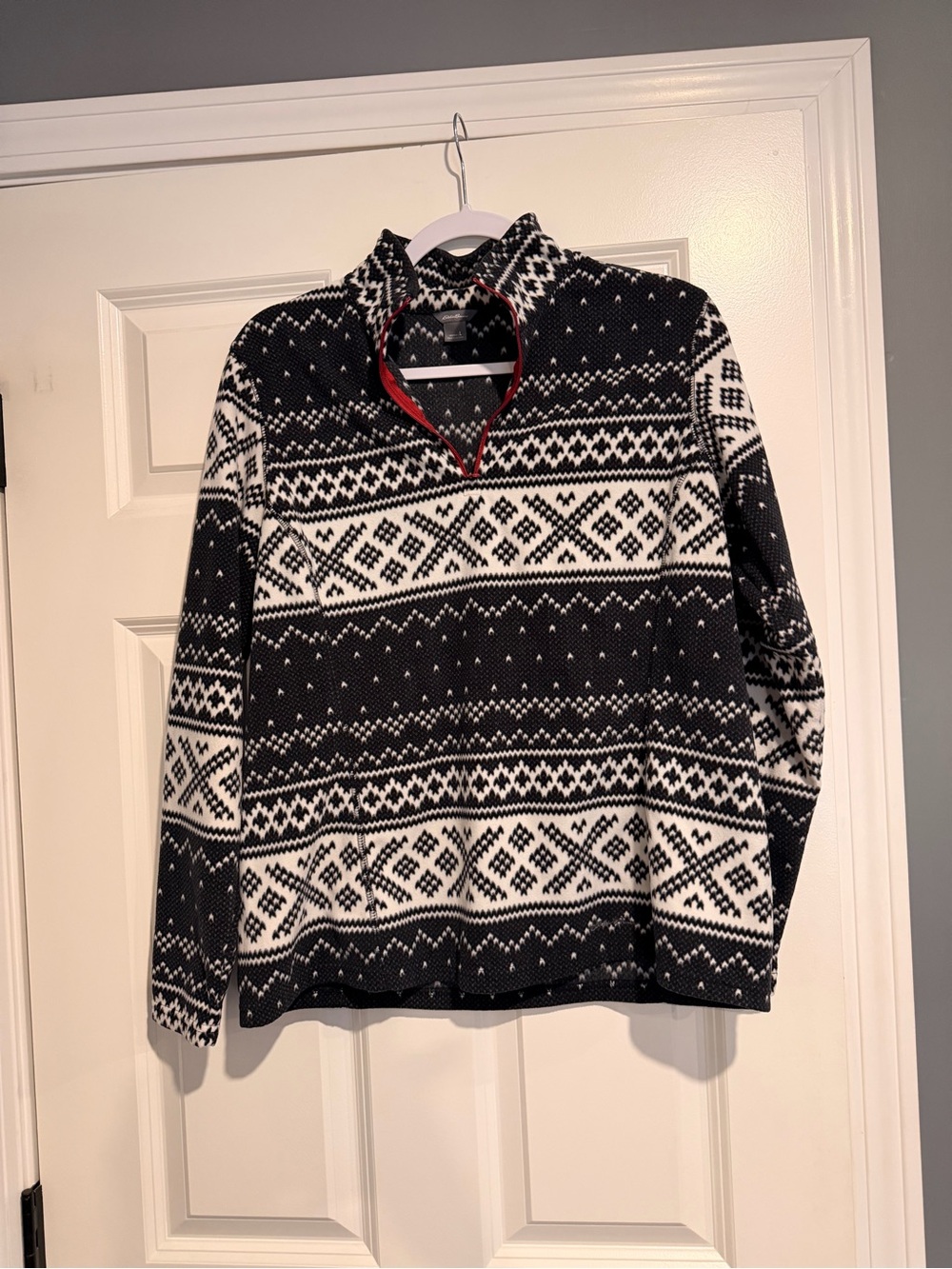 Eddie Bauer Black and White Nordic Quarter-Zip Sweater with Red Trim